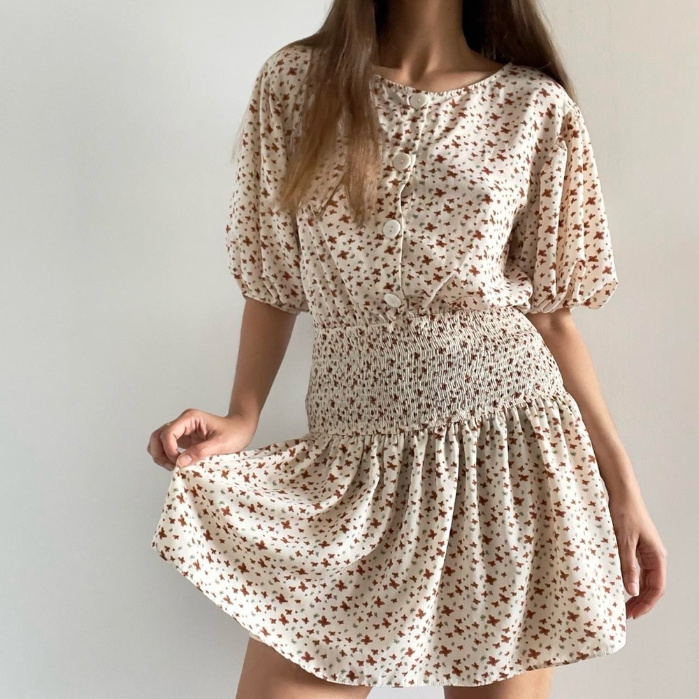 SABO | "Isle" cream & brown floral butterfly smocked waist mini dress | Size L